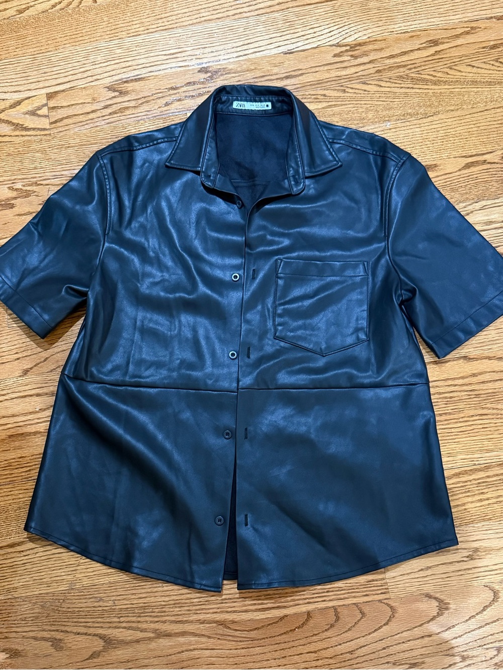 Zara Black Faux Leather Short-Sleeve Button Shirt